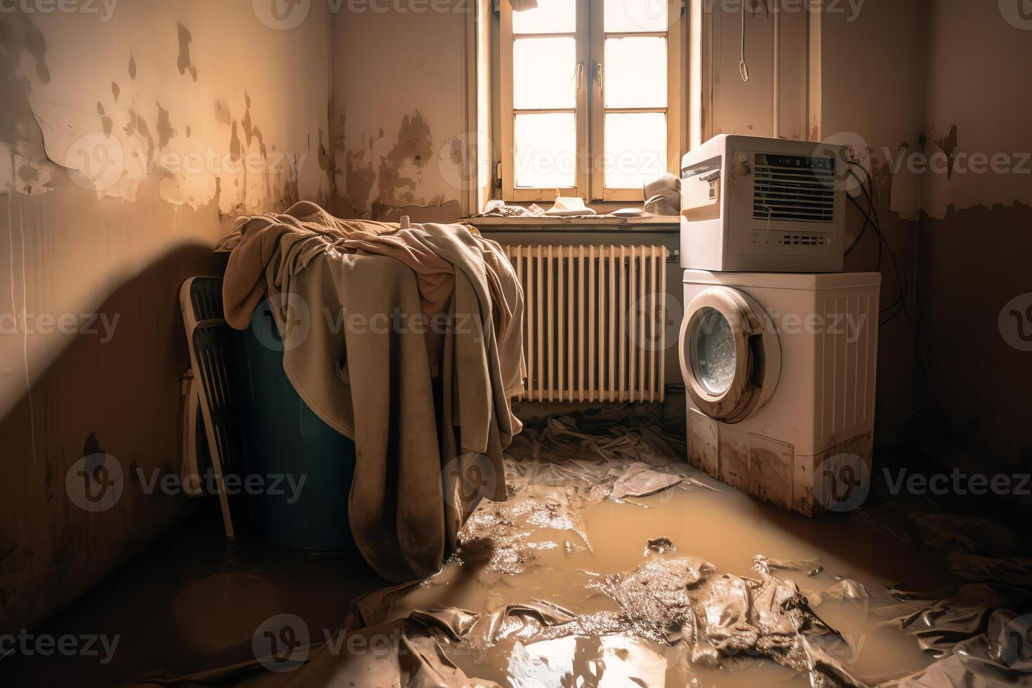 tvättning maskin i ett gammal eländig snuskig förfallen badrum källare eller tvätt rum översvämmad efter en vatten skada läcka eller naturlig översvämning katastrof med korg och Linné. ai genererad foto