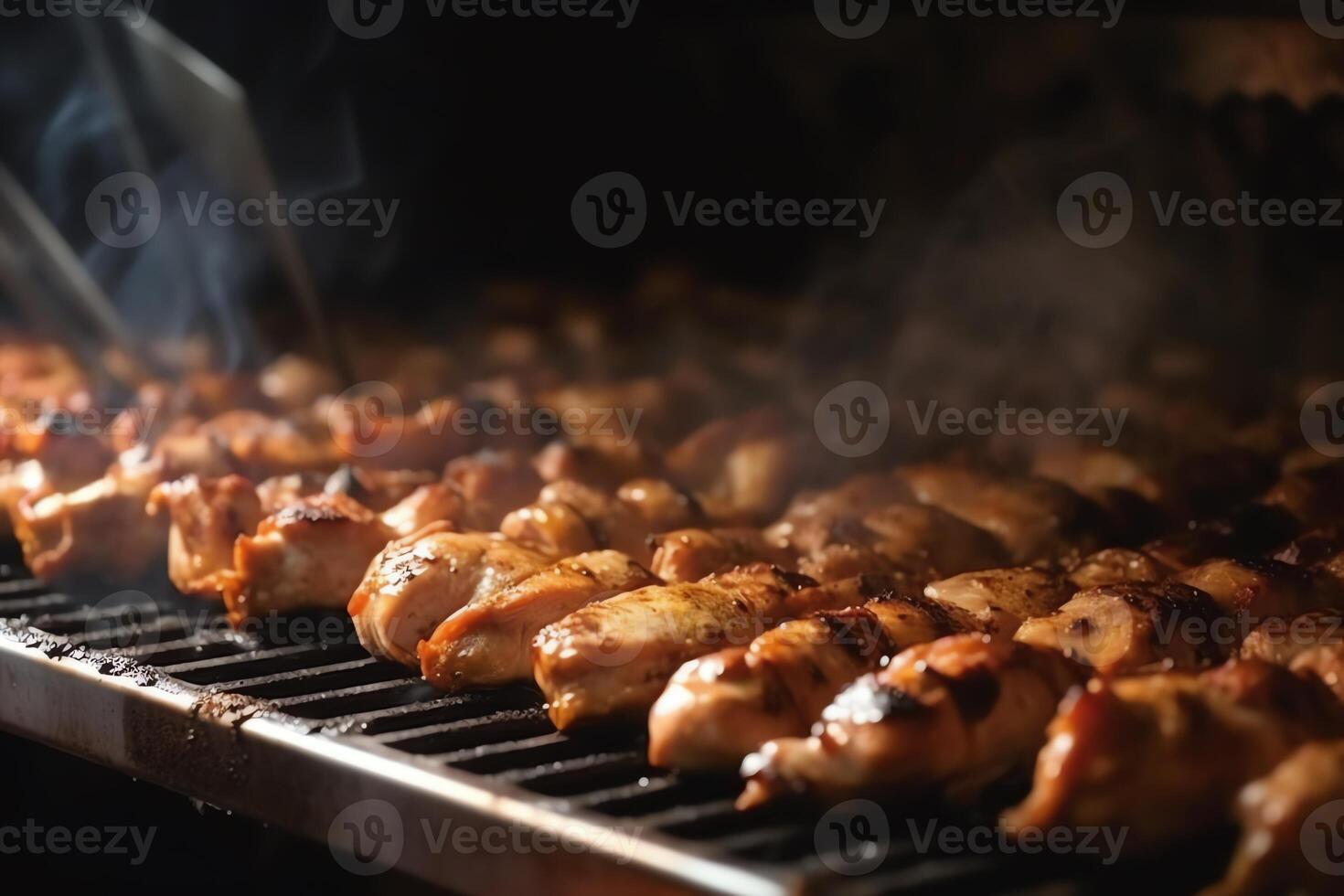 grillning kyckling kött shashlik på metall grillspett teknologi. ai genererad foto