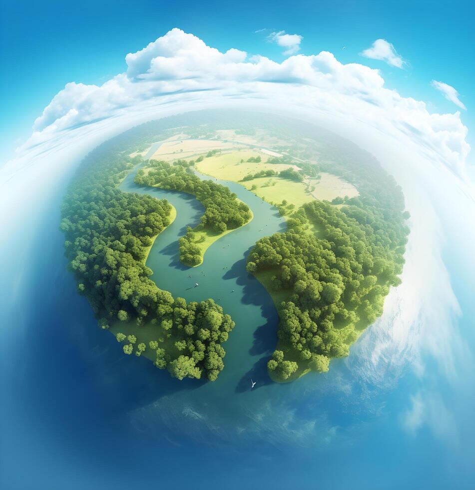 grön planet med träd på blå bakgrund, jord dag. generativ ai foto