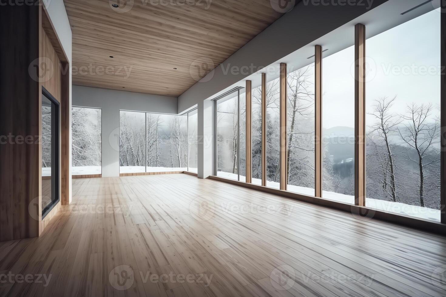 tömma rum interiör design öppen Plats med stor panorama- fönster på vinter- se med snö parkett trä- golv korrugerad ark tak modern minimal arkitektur aning. ai genererad foto