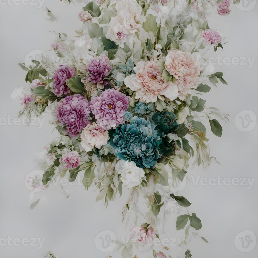 en bukett av blommor är på en blommig bakgrund. vattenfärg blommor bukett, digital målad blomma arrangemang, flerfärgad blommor bakgrund, generativ ai foto