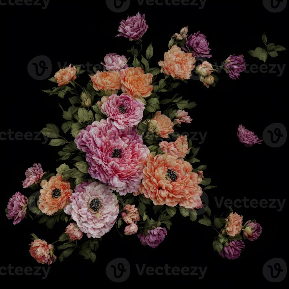 en målning av blommor med löv och blommor på en svart bakgrund. bukett av färgrik trädgård blommor på svart bakgrund. designad med artificiell intelligens, generativ ai foto