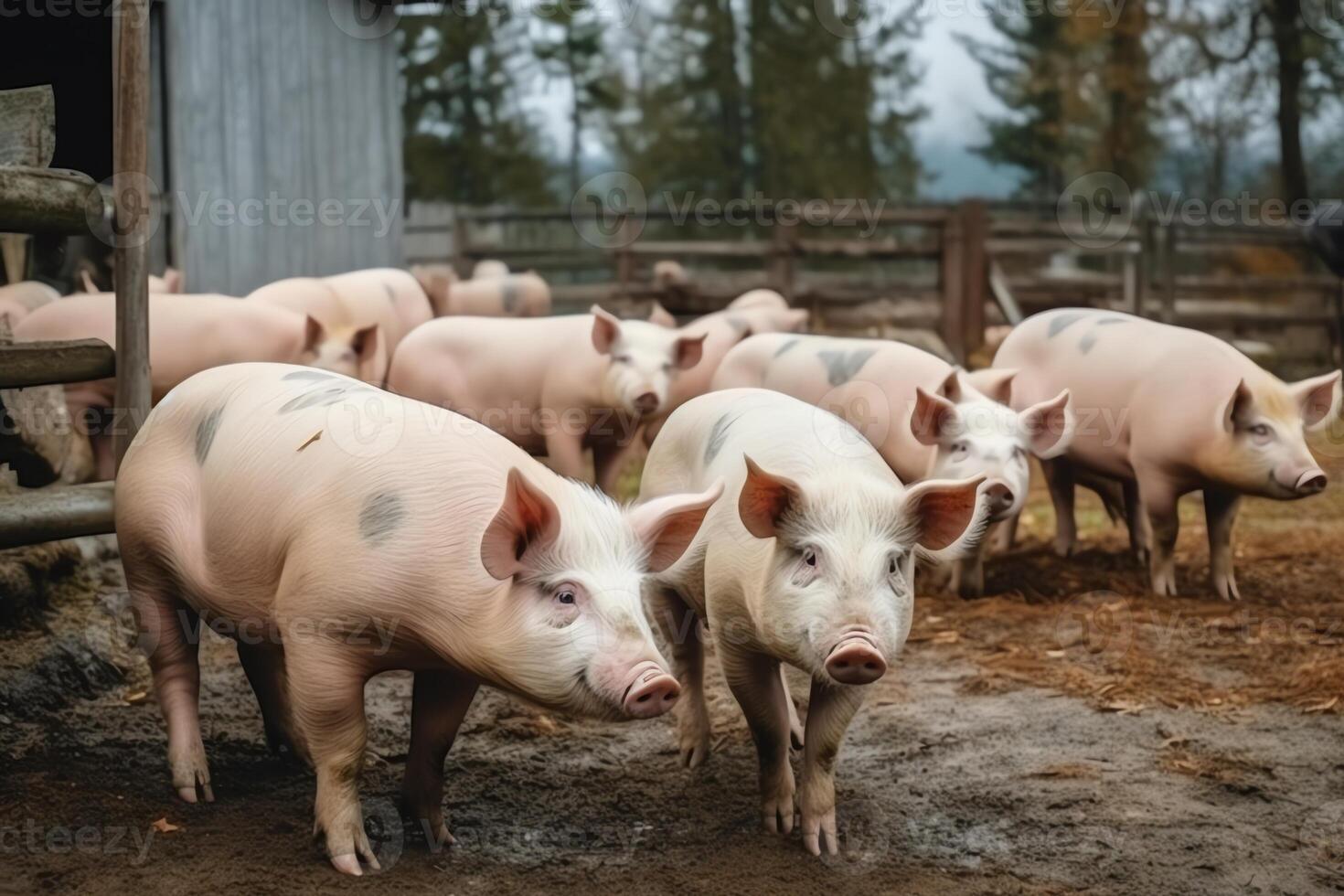 flera små och ett stor gris förbi ladugård på gris odla. ai genererad foto