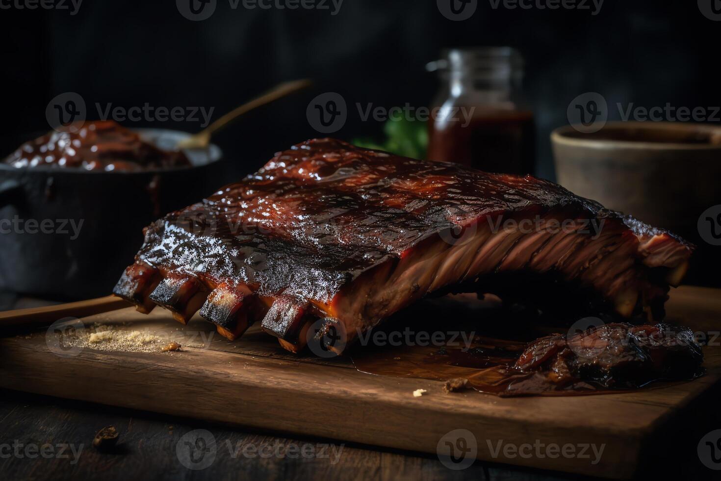 bbq rökt revben med en mörk bakgrund skapas med hjälp av. ai genererad foto