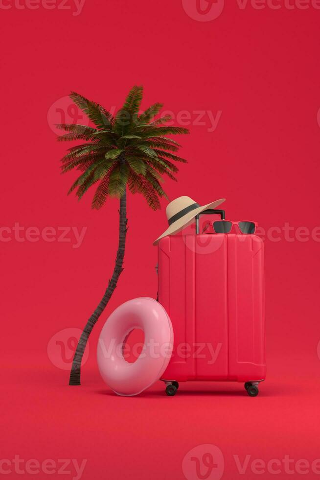 handflatan träd, rosa flyta, hatt, Sol glasögon och röd resväska på på röd bakgrund. exotisk semester begrepp på de strand. 3d tolkning. foto