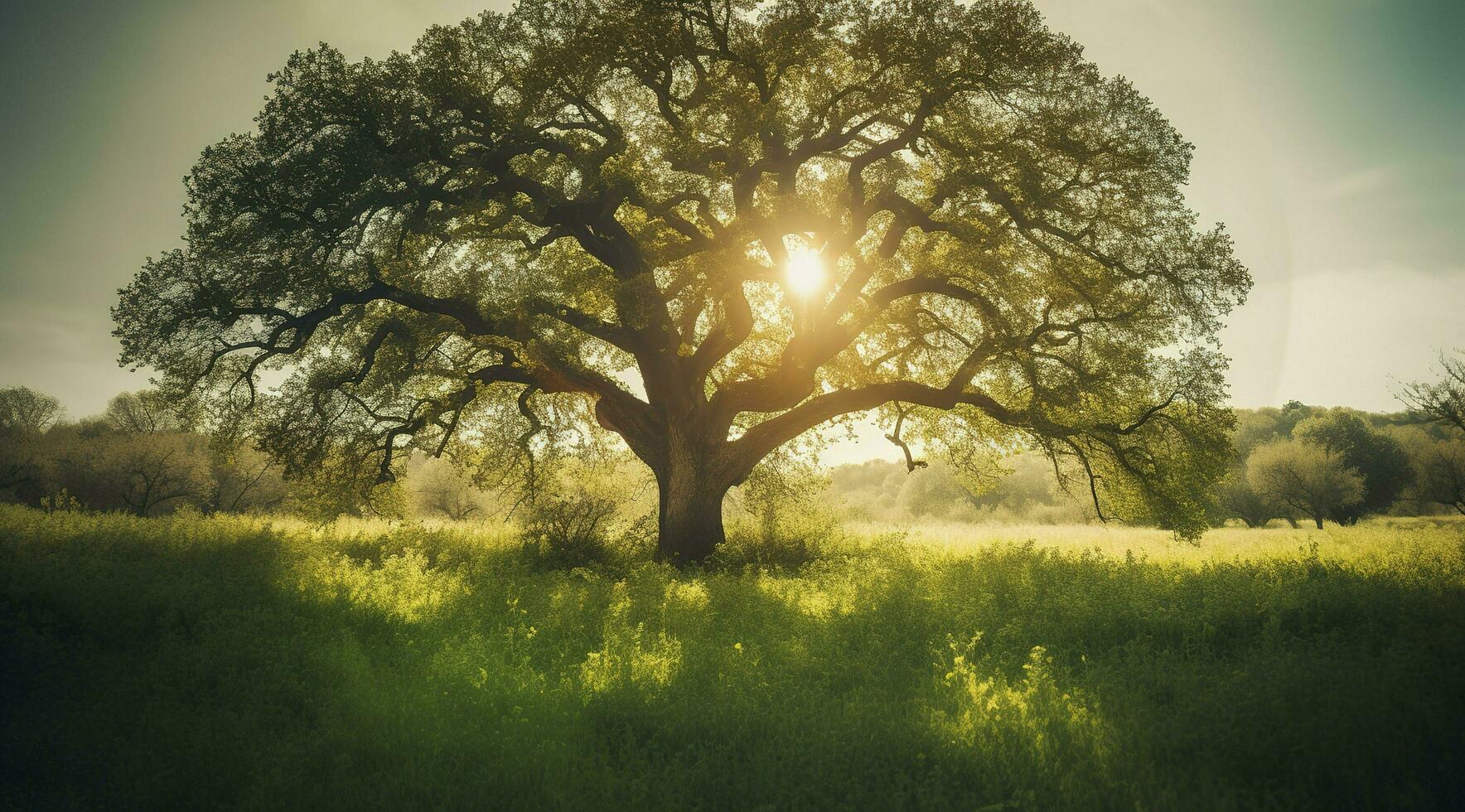 en stor träd med ljus Sol strålar, i de stil av pastoral charm, mörk grön och ljus grön, tyst poetisk, kombinerande naturlig och man tillverkad element, generat ai foto