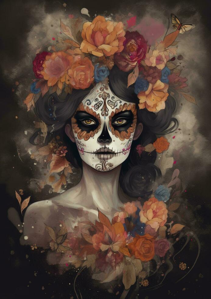 dag av de död- skallar. dia de los muertos. dag av de död- och mexikansk halloween bakgrund. mexikansk tradition festival. dag av de död- socker skalle. dia de los muertos, generera ai foto