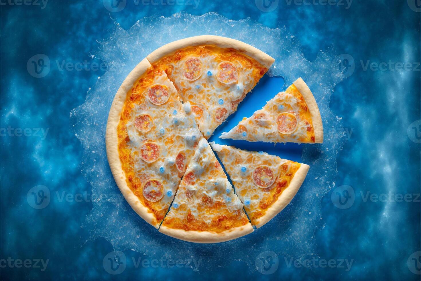 en gott pizza frös och täckt i is. generativ ai illustration. foto