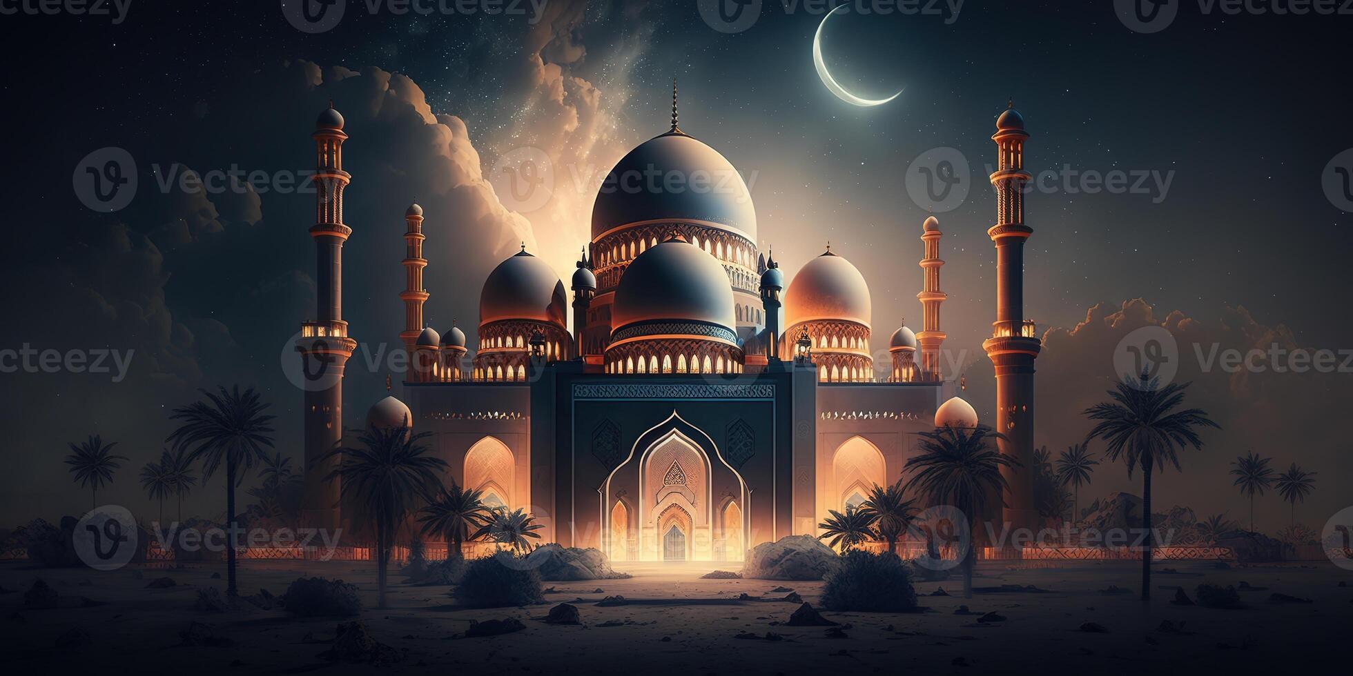 skön moské på natt himmel ramadan bakgrund genererad ai foto