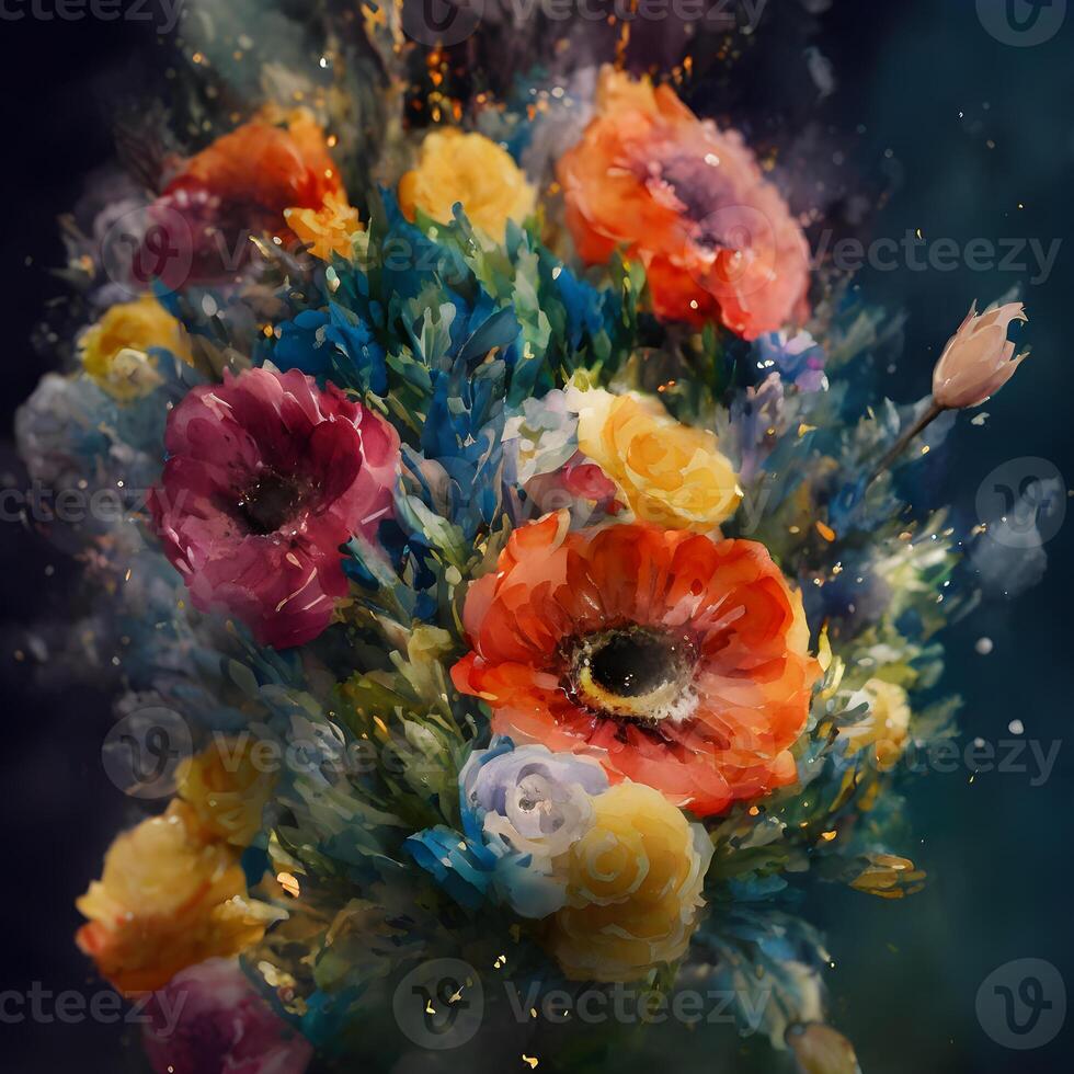 bukett av blommor, blomma bakgrund, abstrakt blommig bakgrund, blomma bukett målningar, blomma illustration, botanisk vattenfärg illustration, botanisk vattenfärg illustration, generativ ai foto