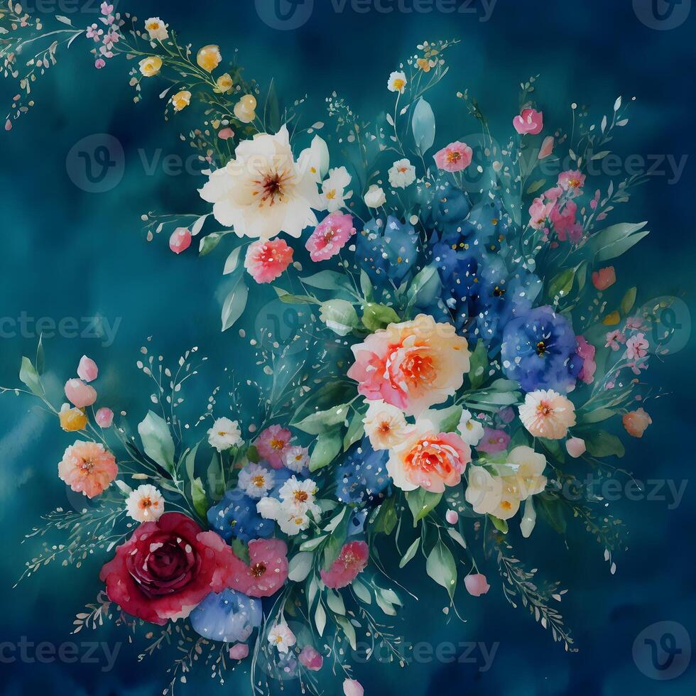 blomma bukett målningar, blomma illustration, botanisk vattenfärg illustration, färgrik blommig arrangemang, generativ ai foto