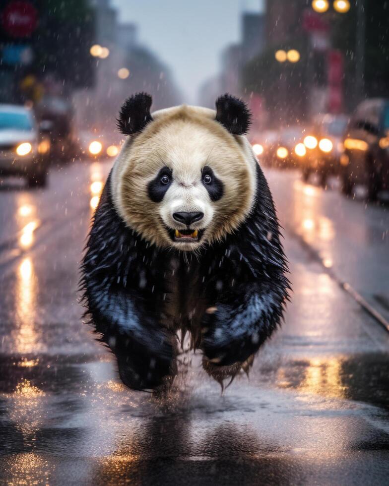 panda kör i stor stad. illustration ai generativ foto