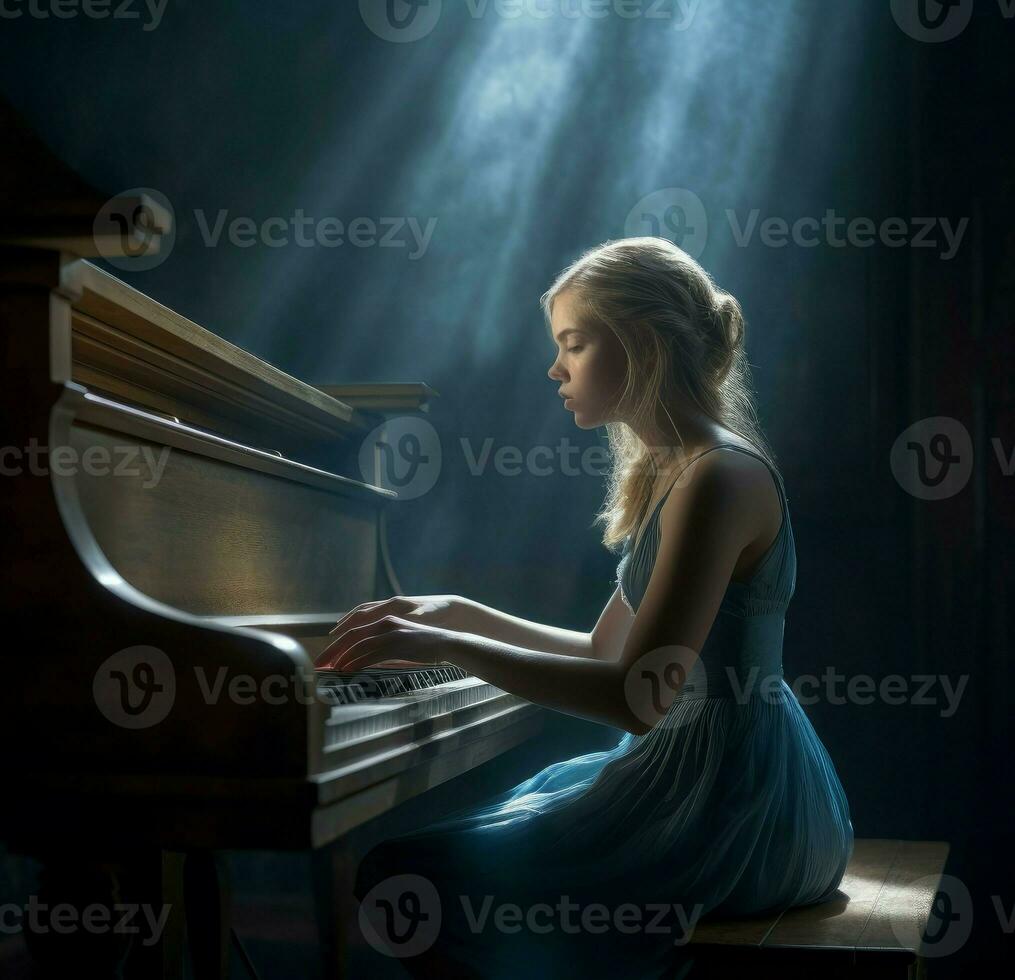 flicka spelar piano. generera ai foto