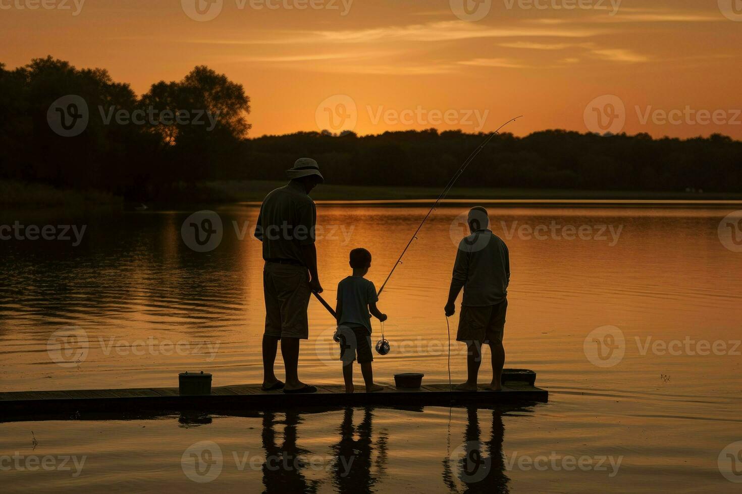 farfar barnbarn fiske solnedgång. generera ai foto