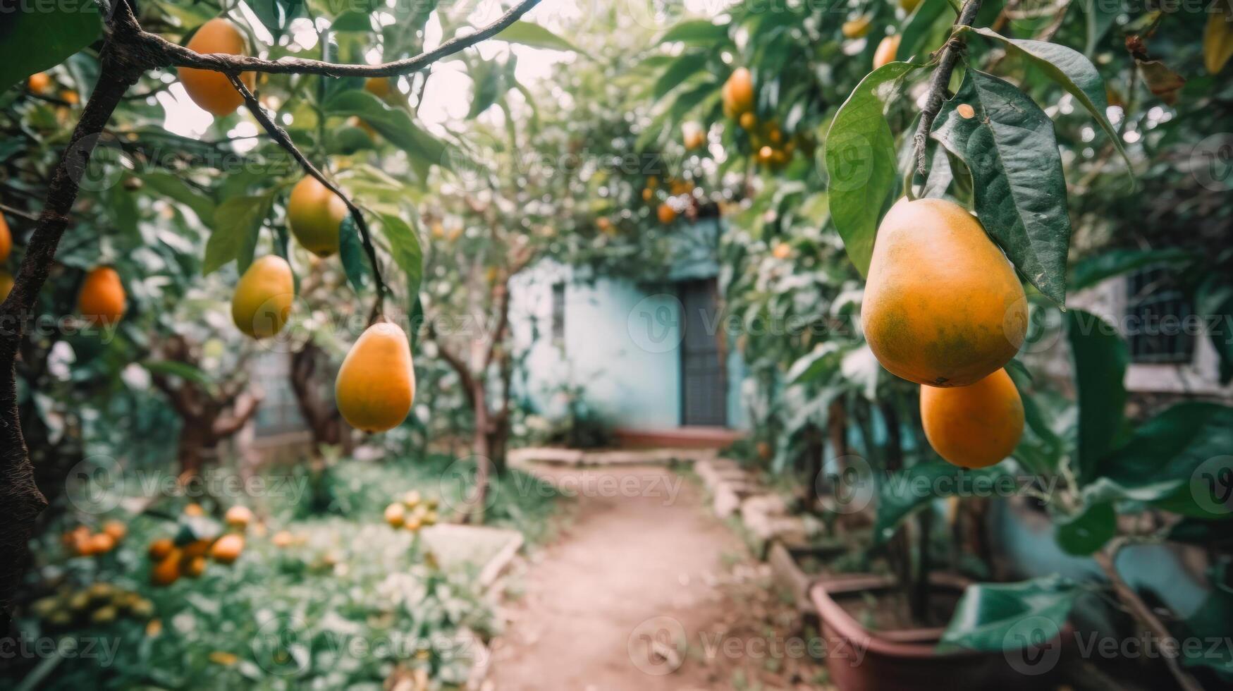 mango trädgård, frukt träd odling med tropisk frukt generativ ai foto
