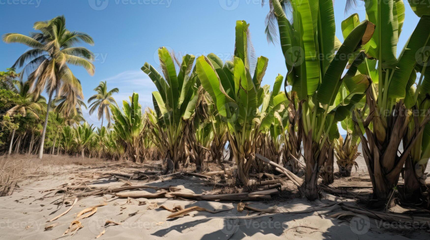 strand med banan träd, sommar tropisk flora generativ ai foto