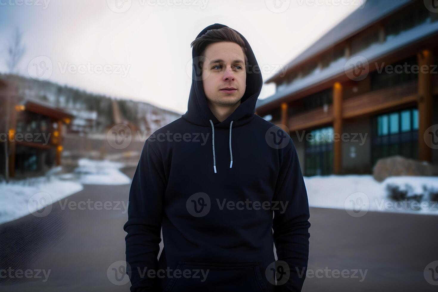 generativ ai innehåll, en man i en svart tröja på de gata. attrapp för logotyp, t-shirt design foto