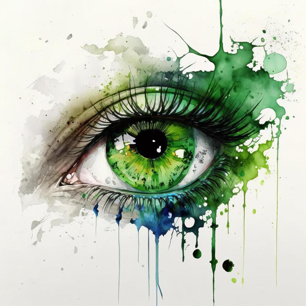 vattenfärg grön öga. illustration ai generativ foto
