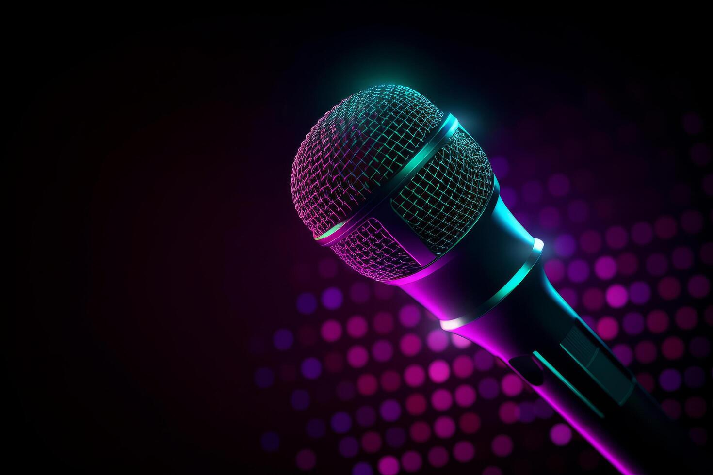 neon svart mikrofon bakgrund. illustration ai generativ foto
