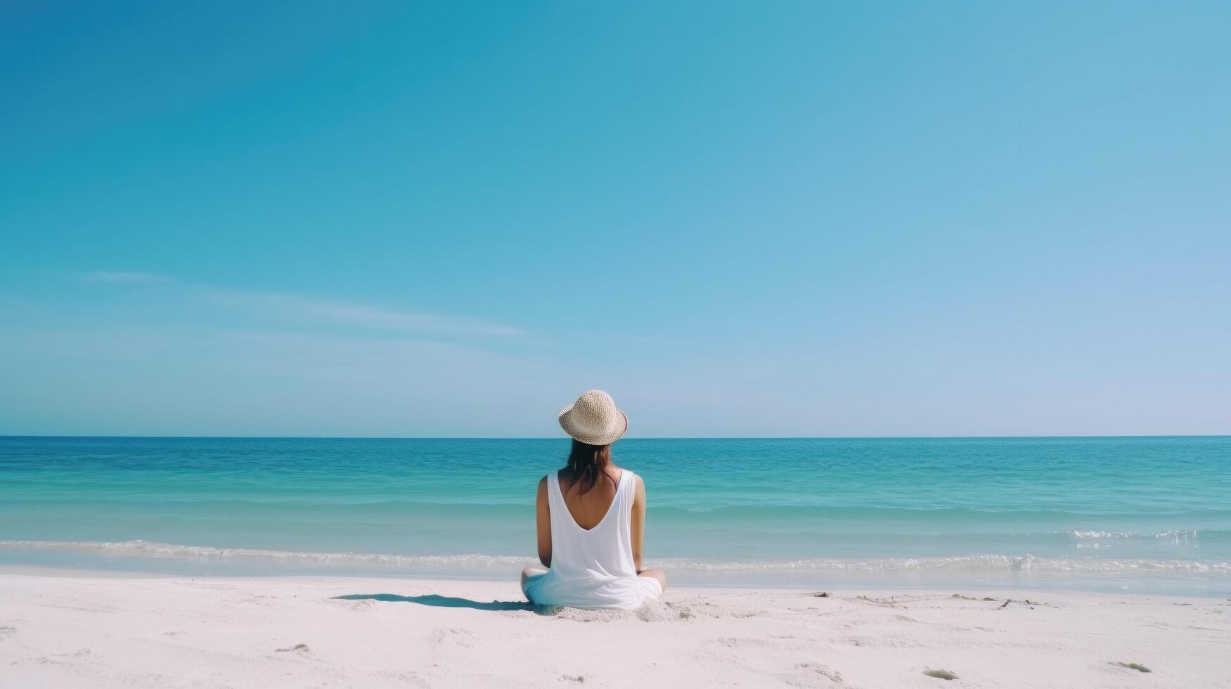 kvinna meditation på strand. illustration ai generativ foto