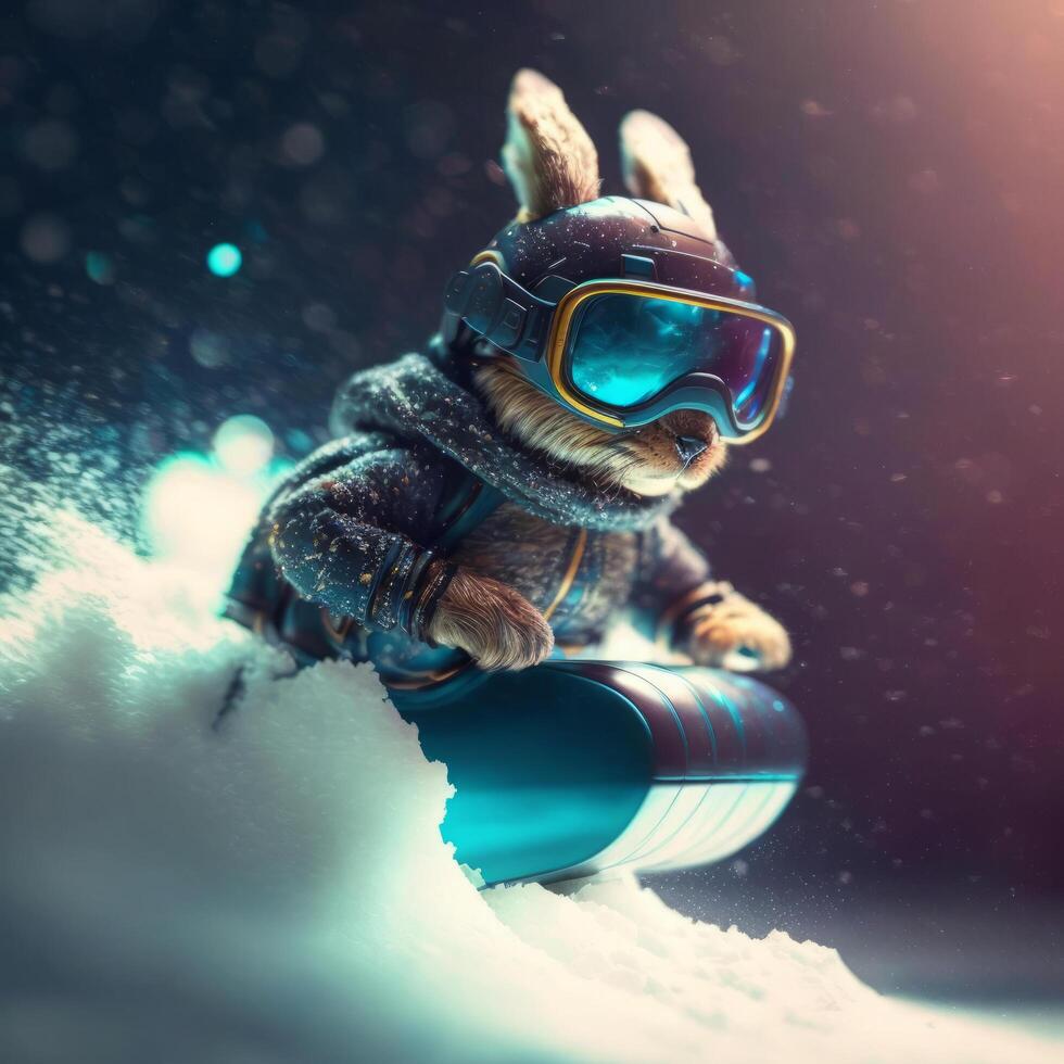 söt snowboard kanin. illustration ai generativ foto