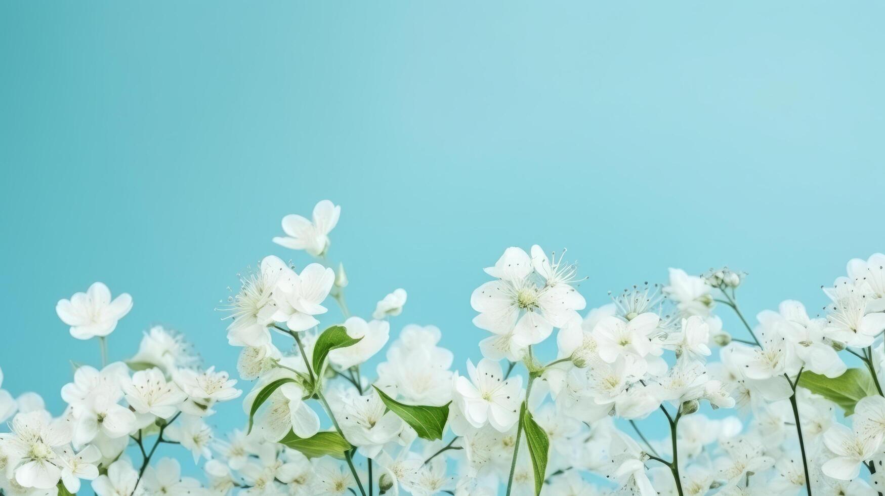 vit vår blommor på blå bakgrund. illustration ai generativ foto