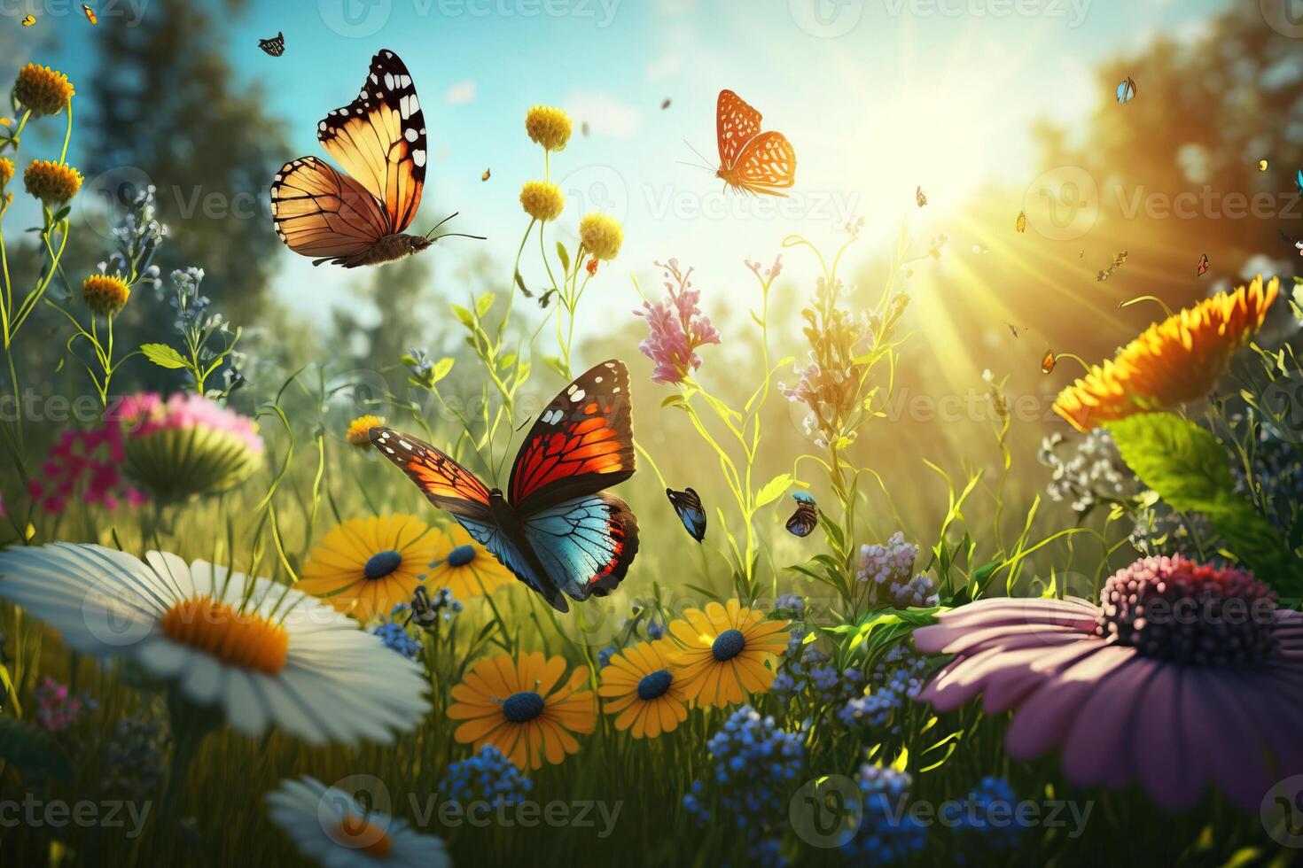 skön fjärilar över skog färgad blommor med en suddig bakgrund. ai genererad. foto