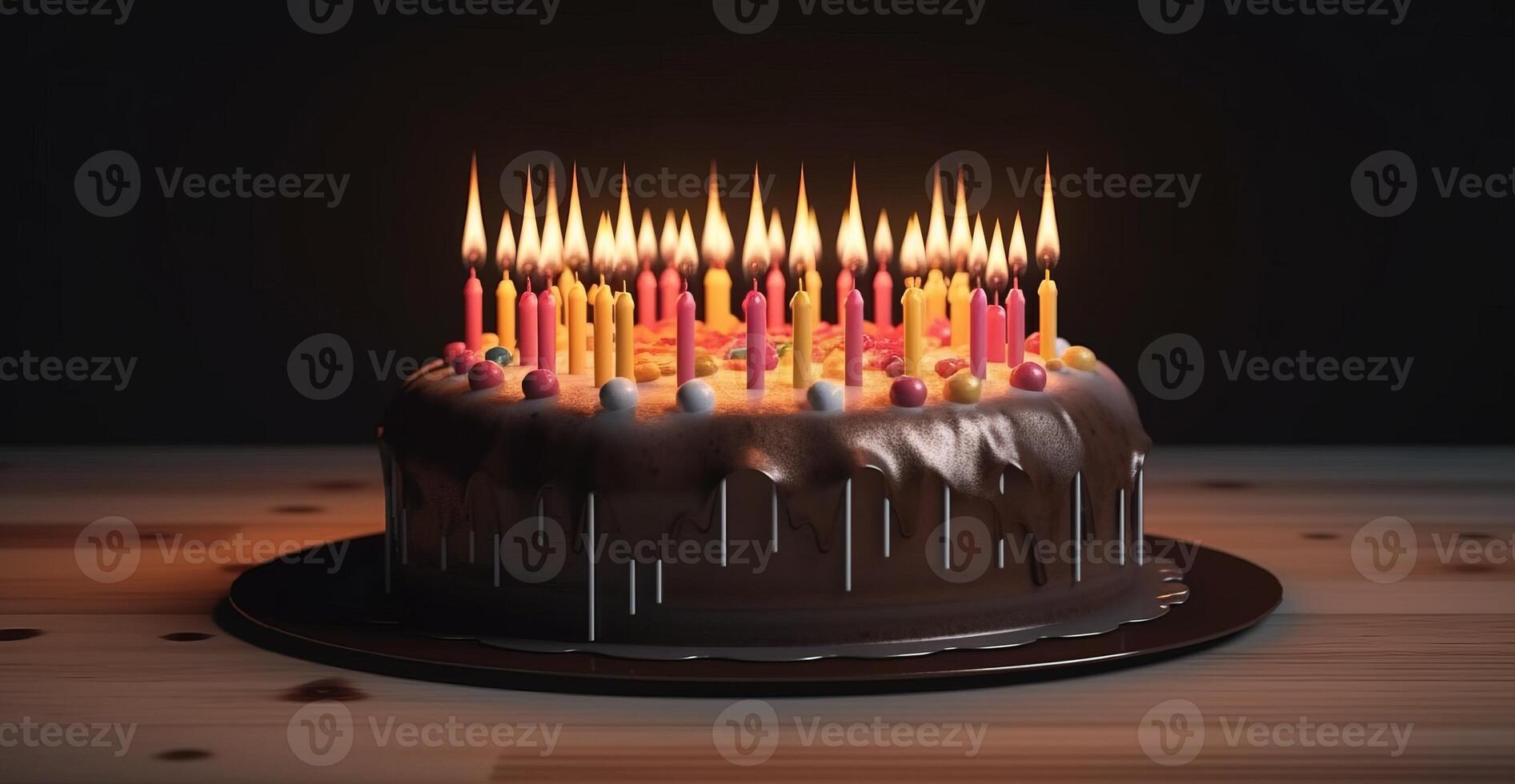 närbild av en födelsedag kaka med brinnande ljus på en mörk bakgrund, isolera. ai genererad. foto