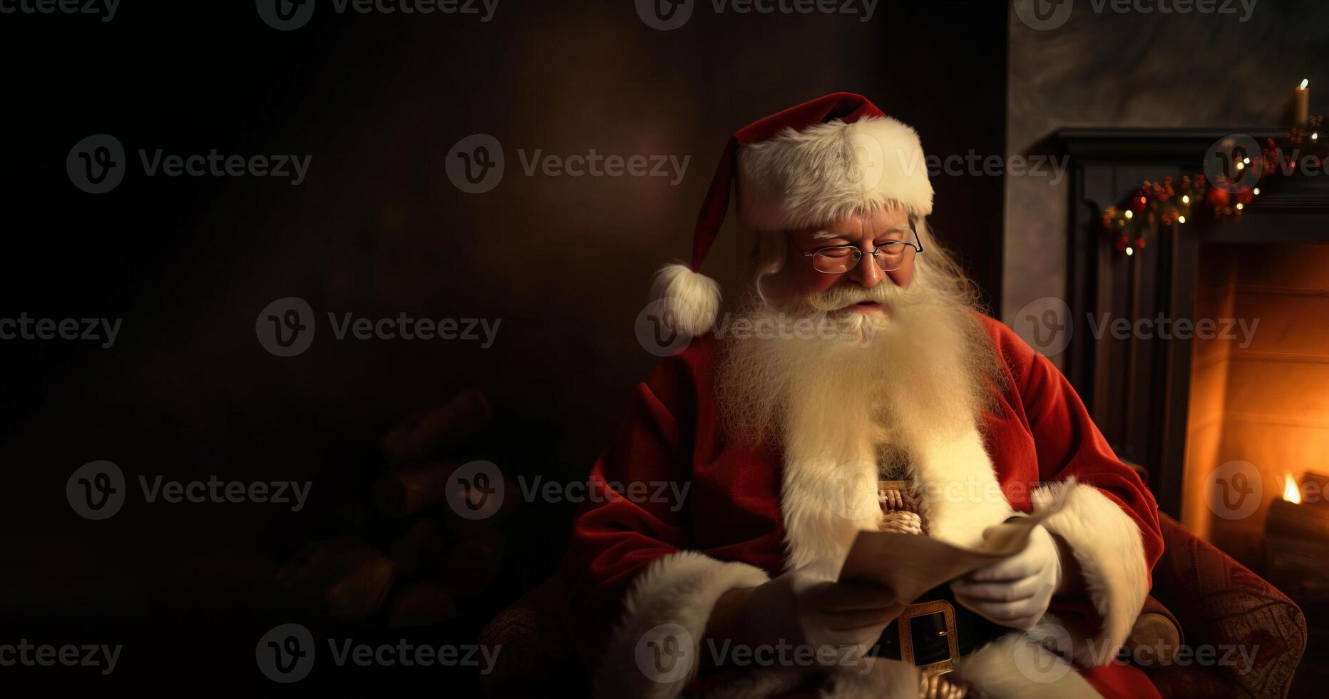 santa claus läser jul barns brev förbi de öppen spis med brand, mörk rum. ai genererad. foto