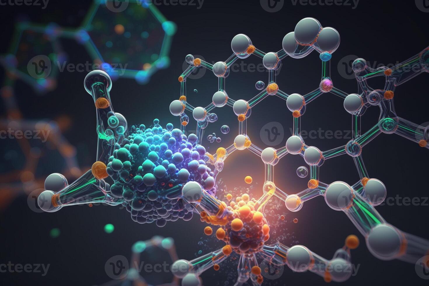 3d tolkning av en dna molekyl modell, vetenskap bakgrund med molekyler och atomer i laboratorium, medicinsk vetenskap och bioteknik. ai generativ foto