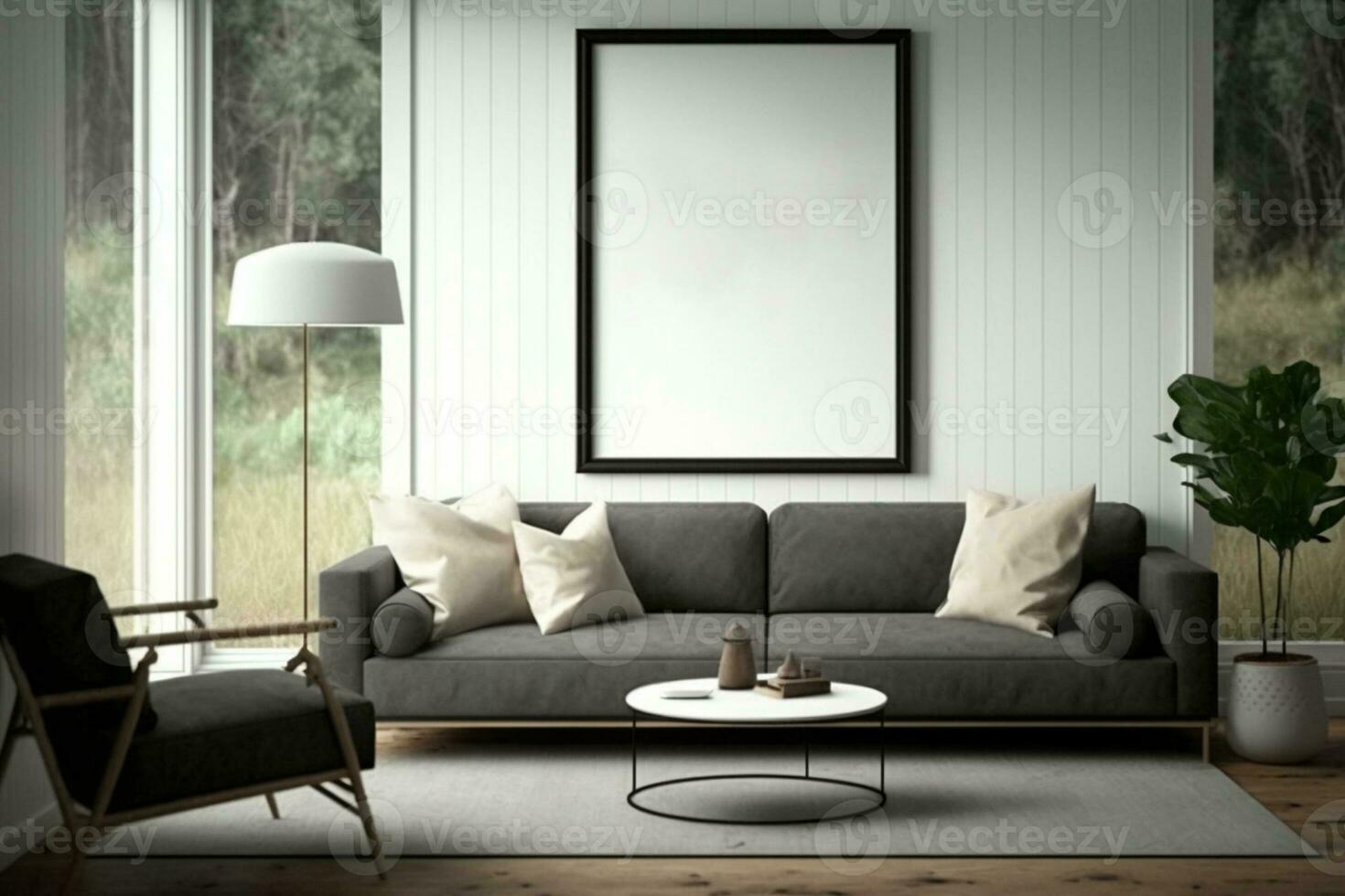 falsk upp affisch ram i modern interiör fullt möblerad rum bakgrund, levande rum ai genererad foto
