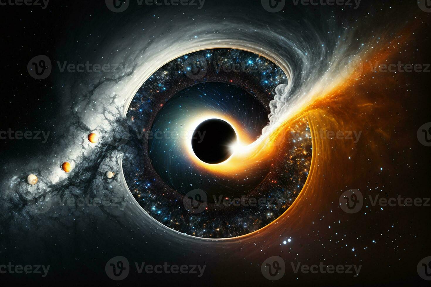 svart hål med gravitation lins effekt i främre av ljus stjärnor ai genererad foto