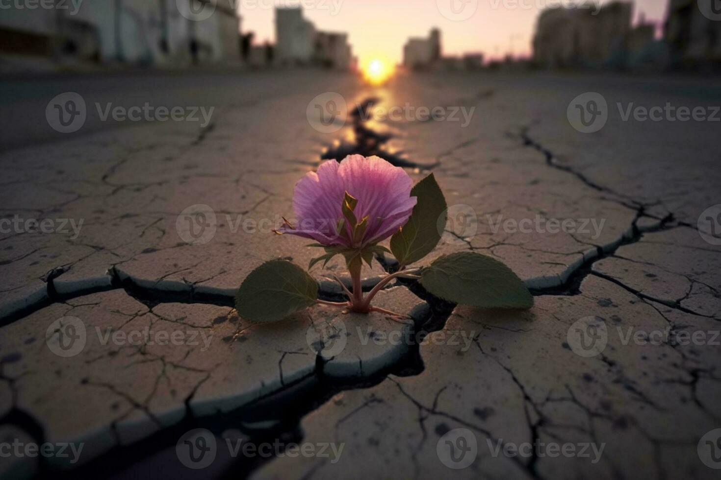 stänga upp, rosa blomma växande på spricka gata solnedgång bakgrund ai genererad foto