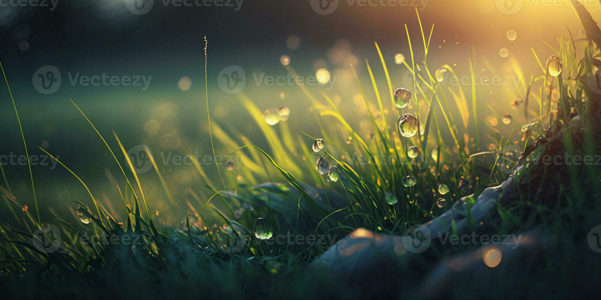 vår natur bakgrund av gräs på soluppgång med morgonens dagg ai genererad foto