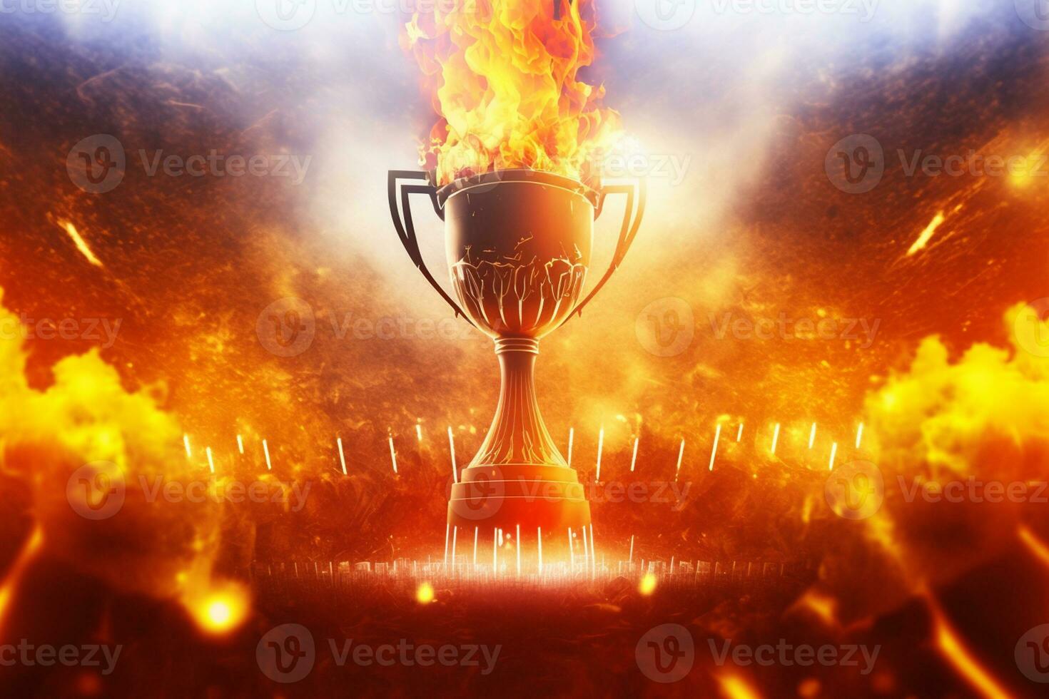 sporter bakgrund. brinnande trofén bägare. vinnare i en konkurrens. brand och energi. fotboll fält med gyllene bägare ai genererad foto