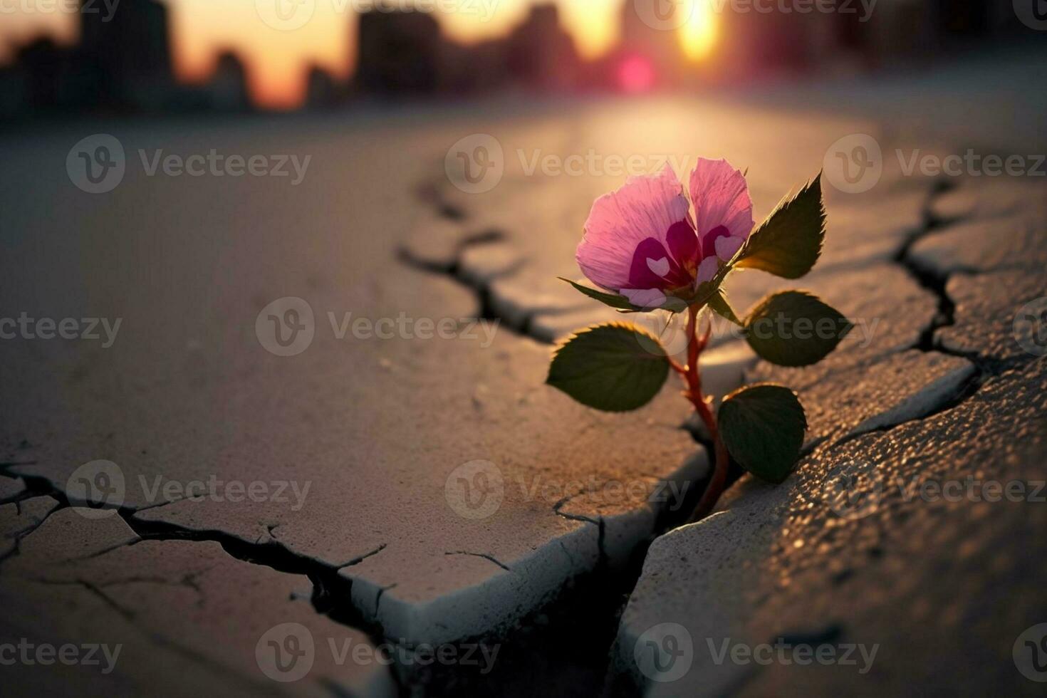 stänga upp, rosa blomma växande på spricka gata solnedgång bakgrund ai genererad foto