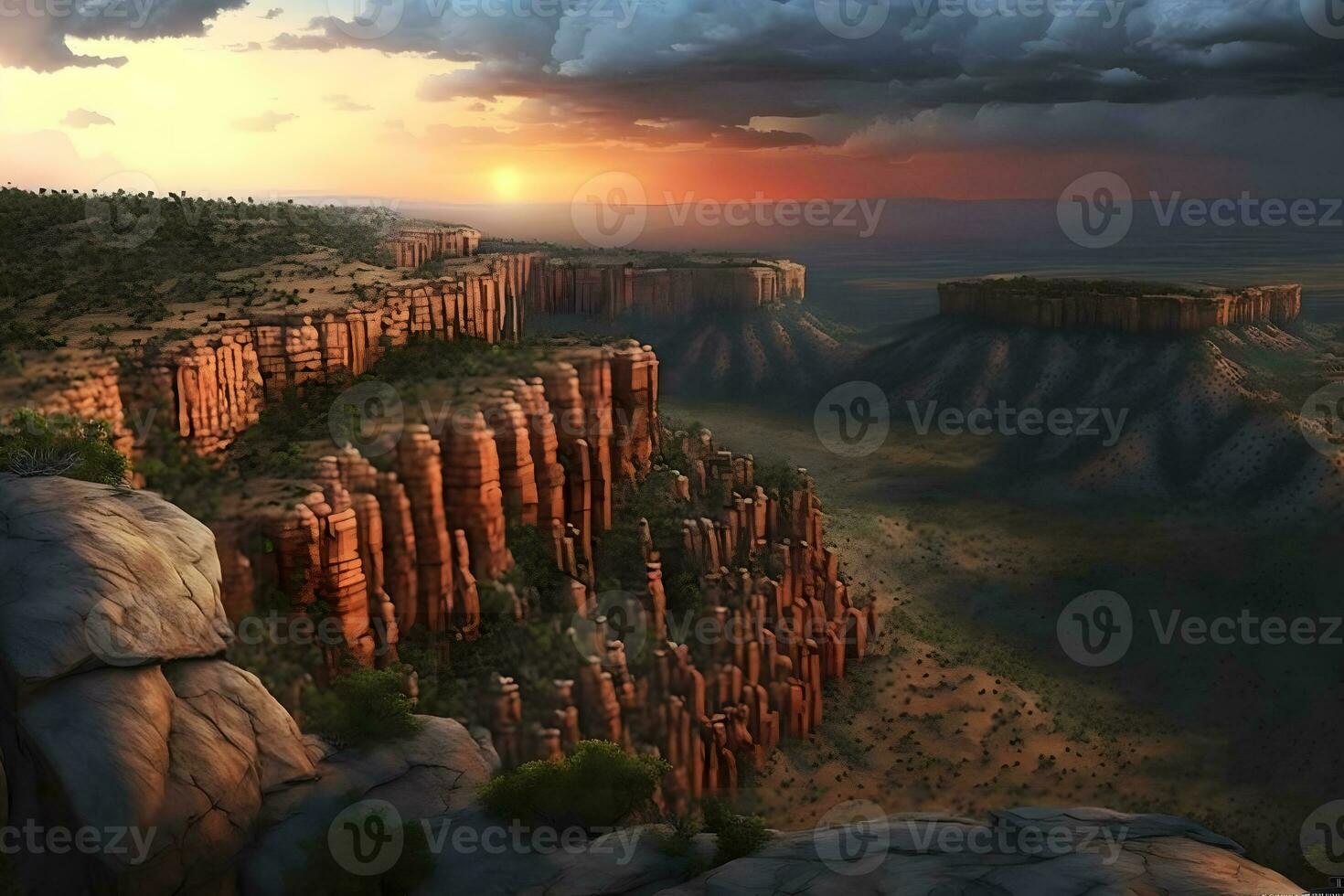 röd sten kanjon öken- i nevada panorama- landskap på kväll. neuralt nätverk genererad konst foto