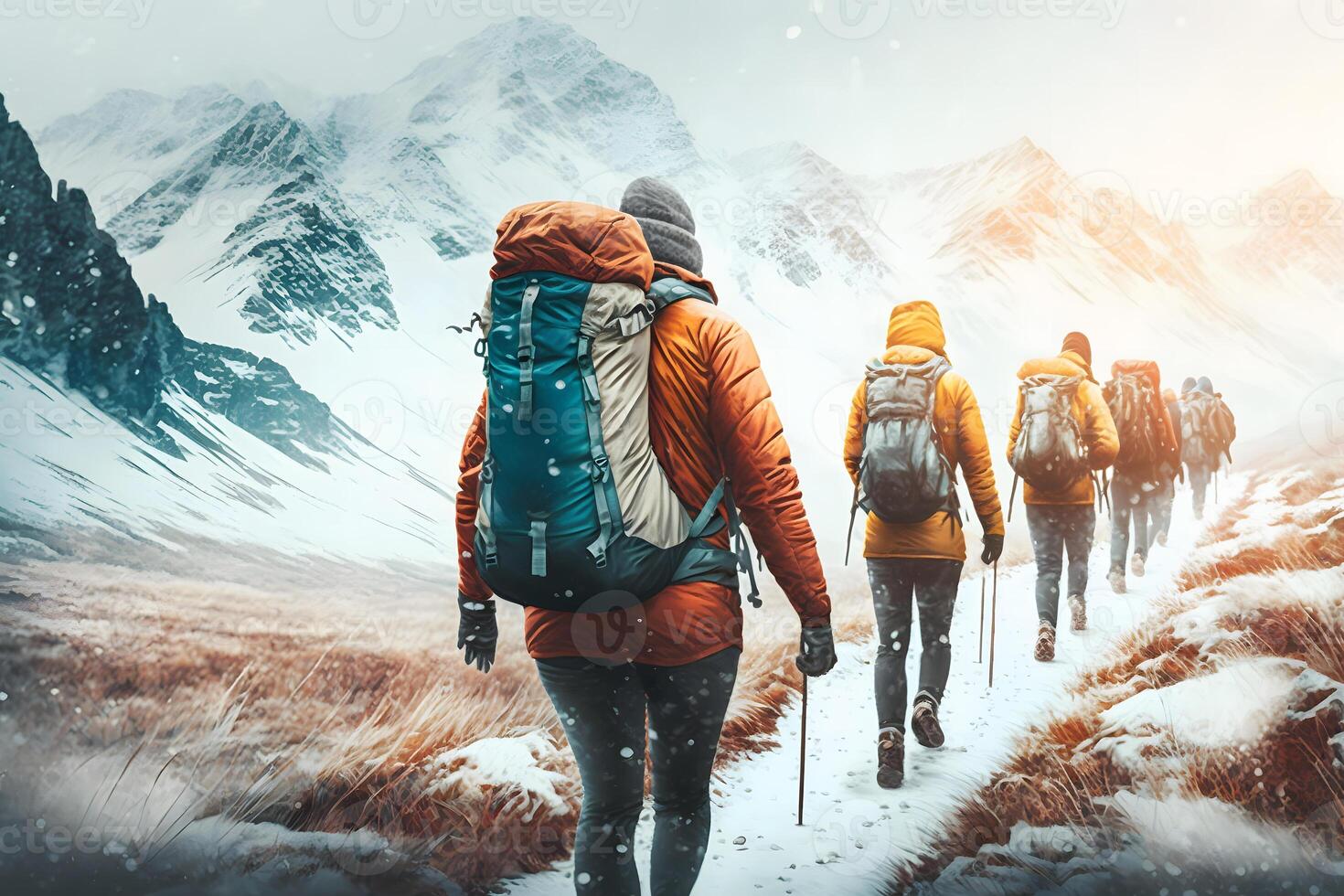 grupp av turister i vinter- i de berg. lagarbete begrepp. neuralt nätverk ai genererad foto