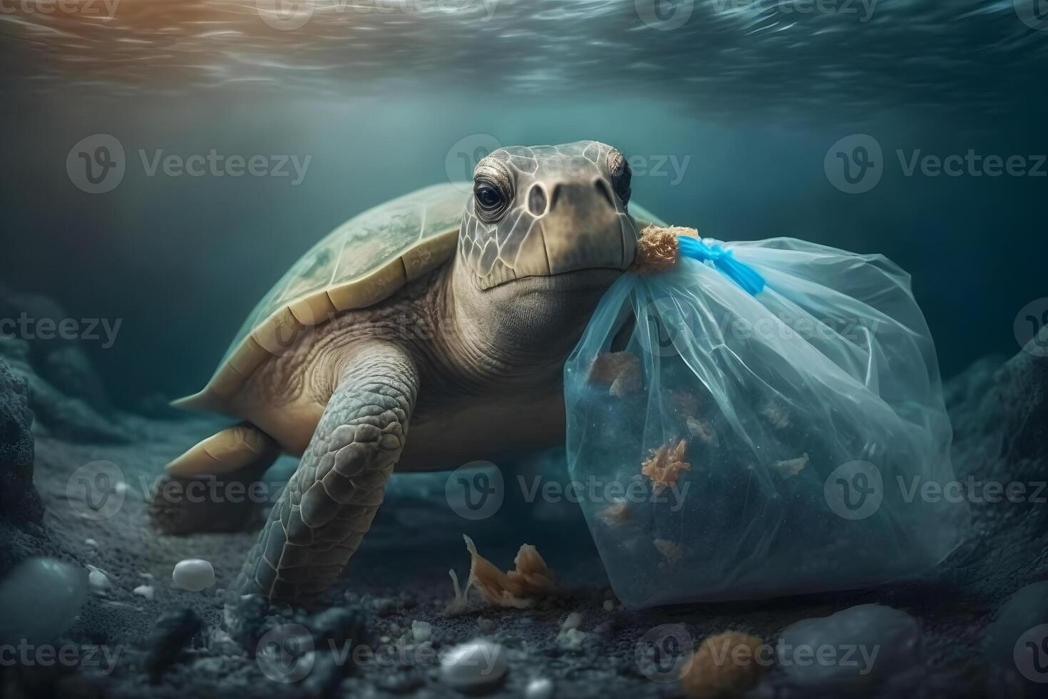 under vattnet begrepp av global problem med plast skräp flytande i de hav. hökfågel sköldpadda i rubrik av plast väska. neuralt nätverk ai genererad foto