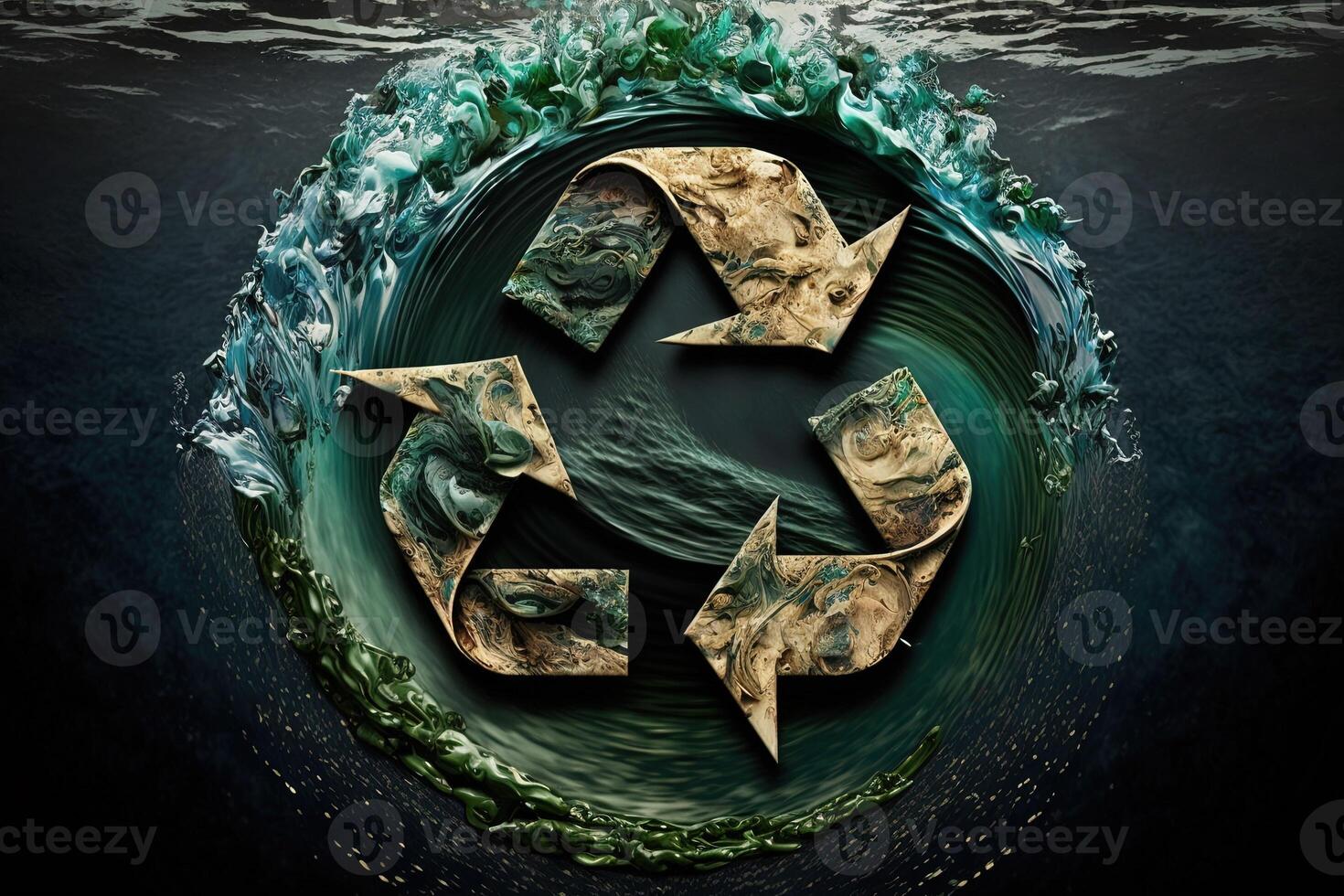 återvinna symbol i de hav. generativ ai grön energi begrepp, Nej Mer skräp och plast i hav. spara de hav från sopor. skyddande de oceaner och hav. eco kraft foto