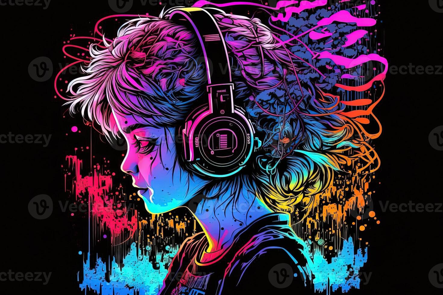 generativ ai ett neon gamer anime mode flicka eller kvinna bär hörlurar, förlorat i henne musik. abstrakt bakgrund den där framkallar de känsla av annorlunda genrer av musik. baner musik begrepp foto