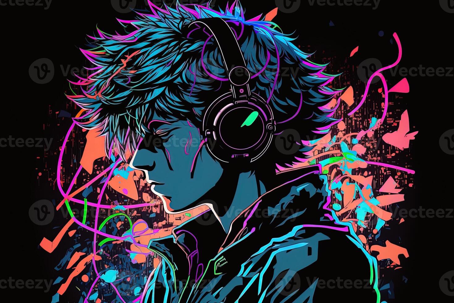 generativ ai ett neon gamer anime mode pojke eller man bär hörlurar, förlorat i hans musik. abstrakt bakgrund den där framkallar de känsla av annorlunda genrer av musik. baner musik begrepp foto