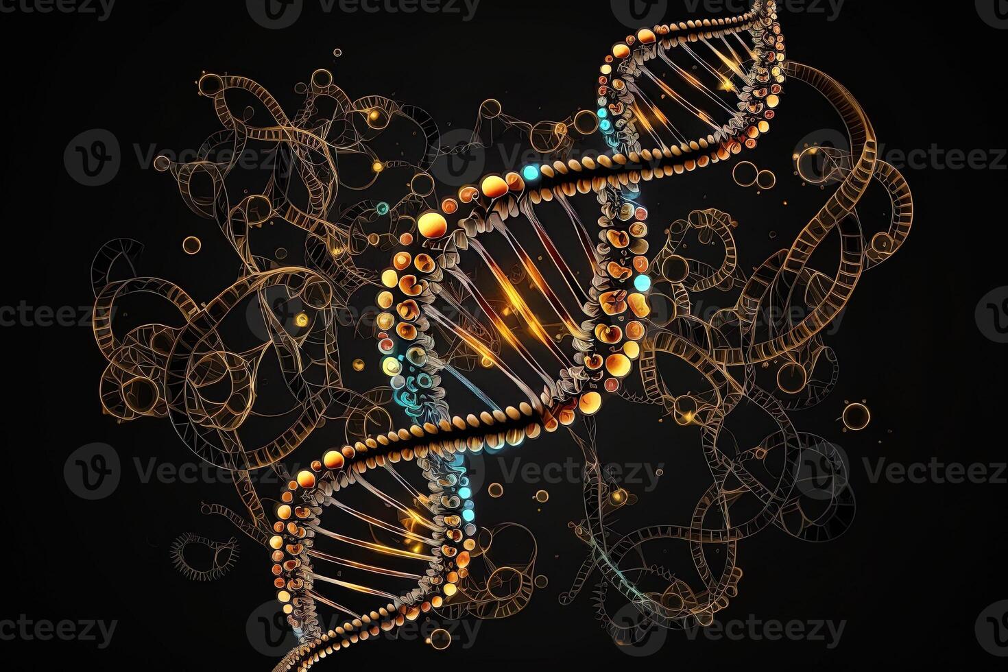 dna helix på svart bakgrund. generativ ai. dubbel- strå av gul och blå färgad strängar av en mänsklig. foto