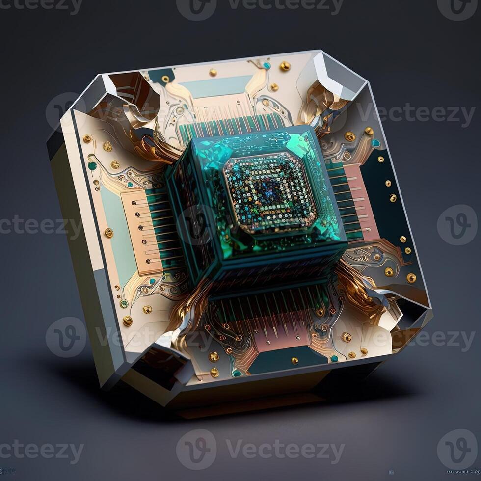 generativ ai en kvant chip, en trogen lysande cpu kvant dator processor. digital chip med hud element. trogen mikrochip processor. modern cpu illustration . central dator processorer foto