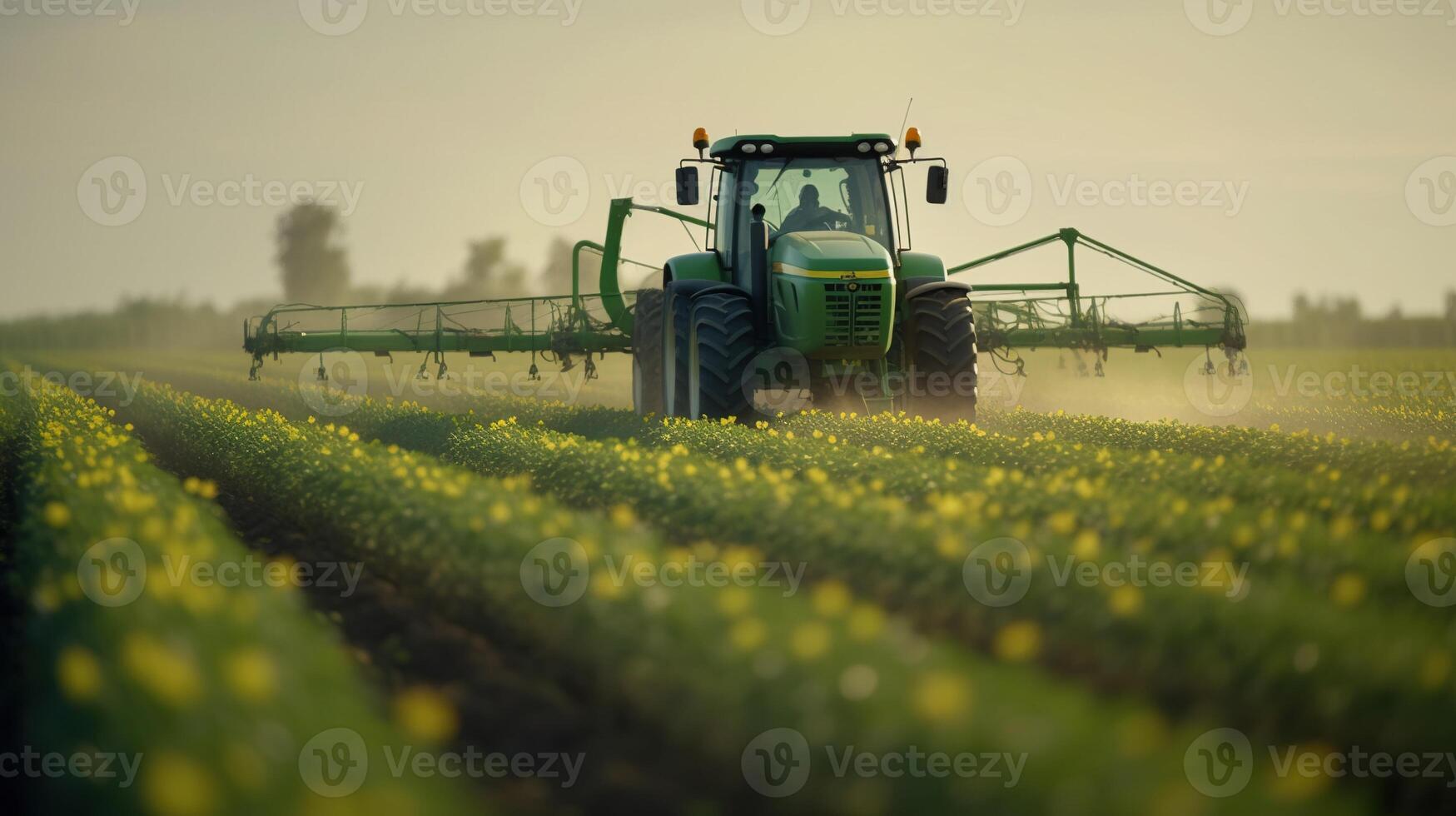 generativ ai, traktor besprutning en fält, bruka landskap, jordbruks skön landsbygden, Land väg. natur illustration, fotorealistisk topp se horisontell baner. foto