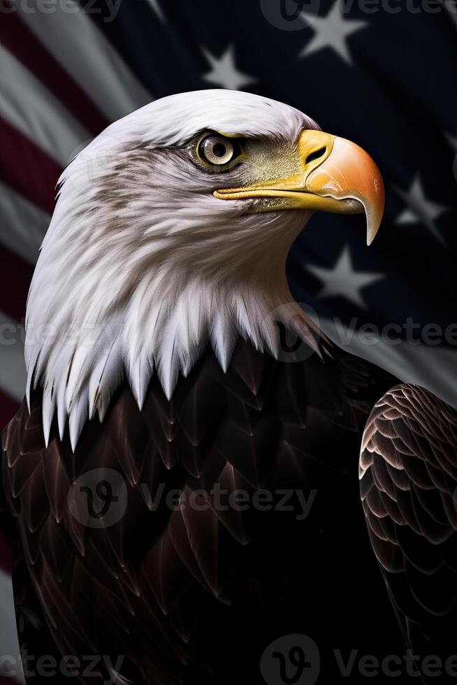 skallig Örn med USA flagga i de bakgrund. ai generativ foto