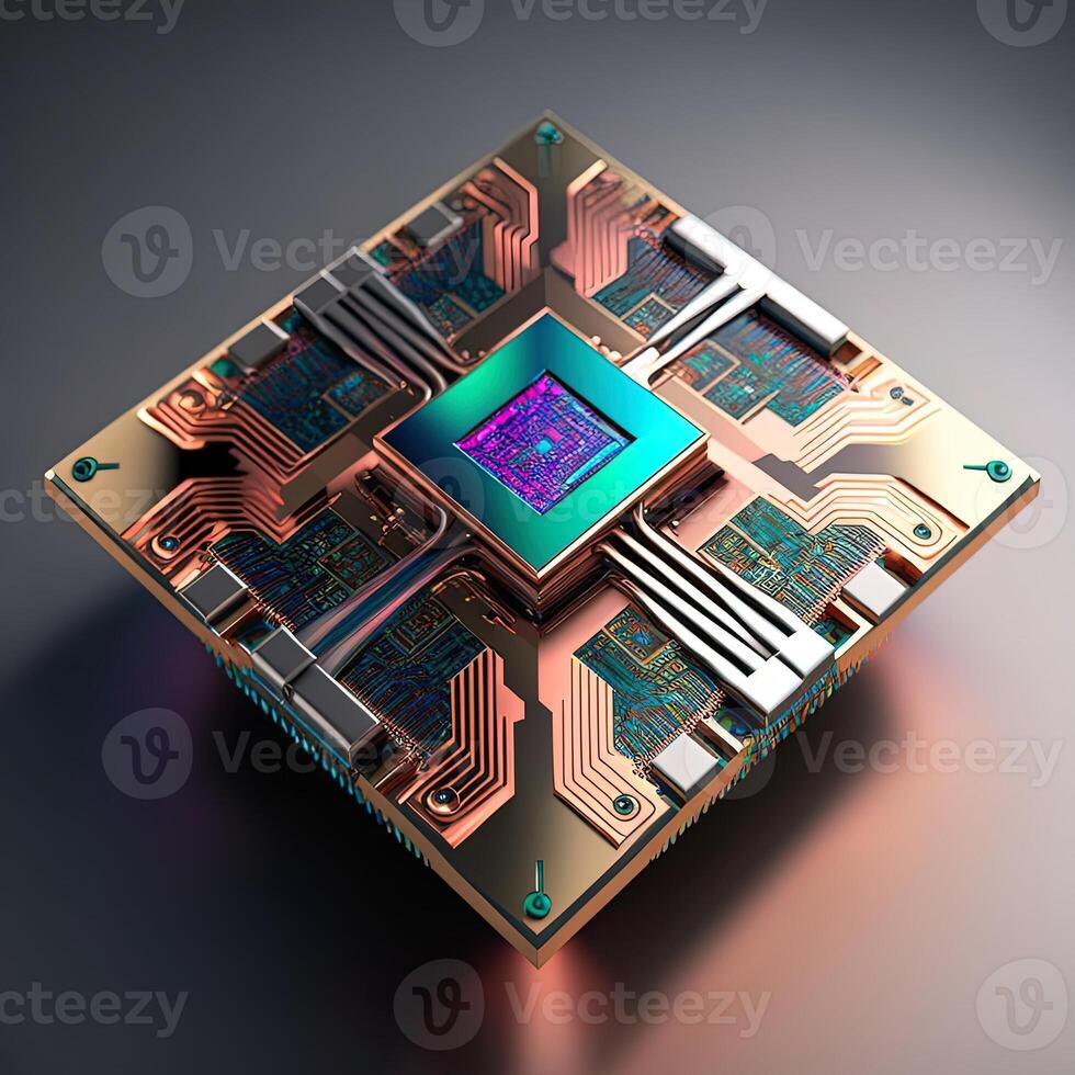 generativ ai en kvant chip, en trogen lysande cpu kvant dator processor. digital chip med hud element. trogen mikrochip processor. modern cpu illustration . central dator processorer foto