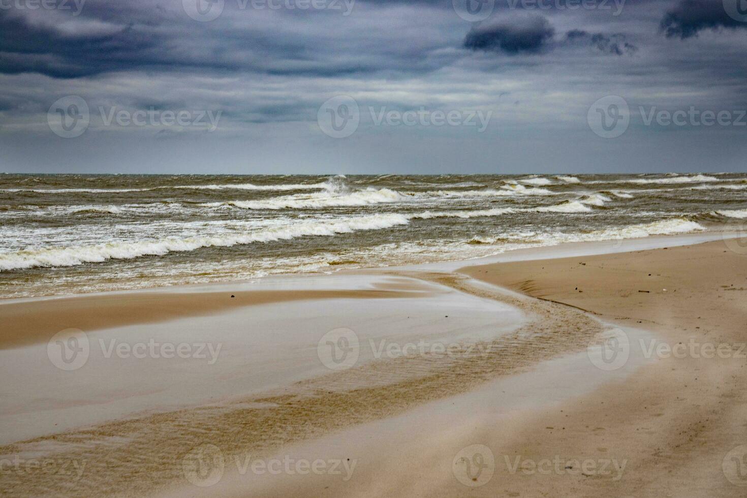 landskap från de strand på de putsa baltic hav på en molnig Häftigt blåsigt vår dag foto