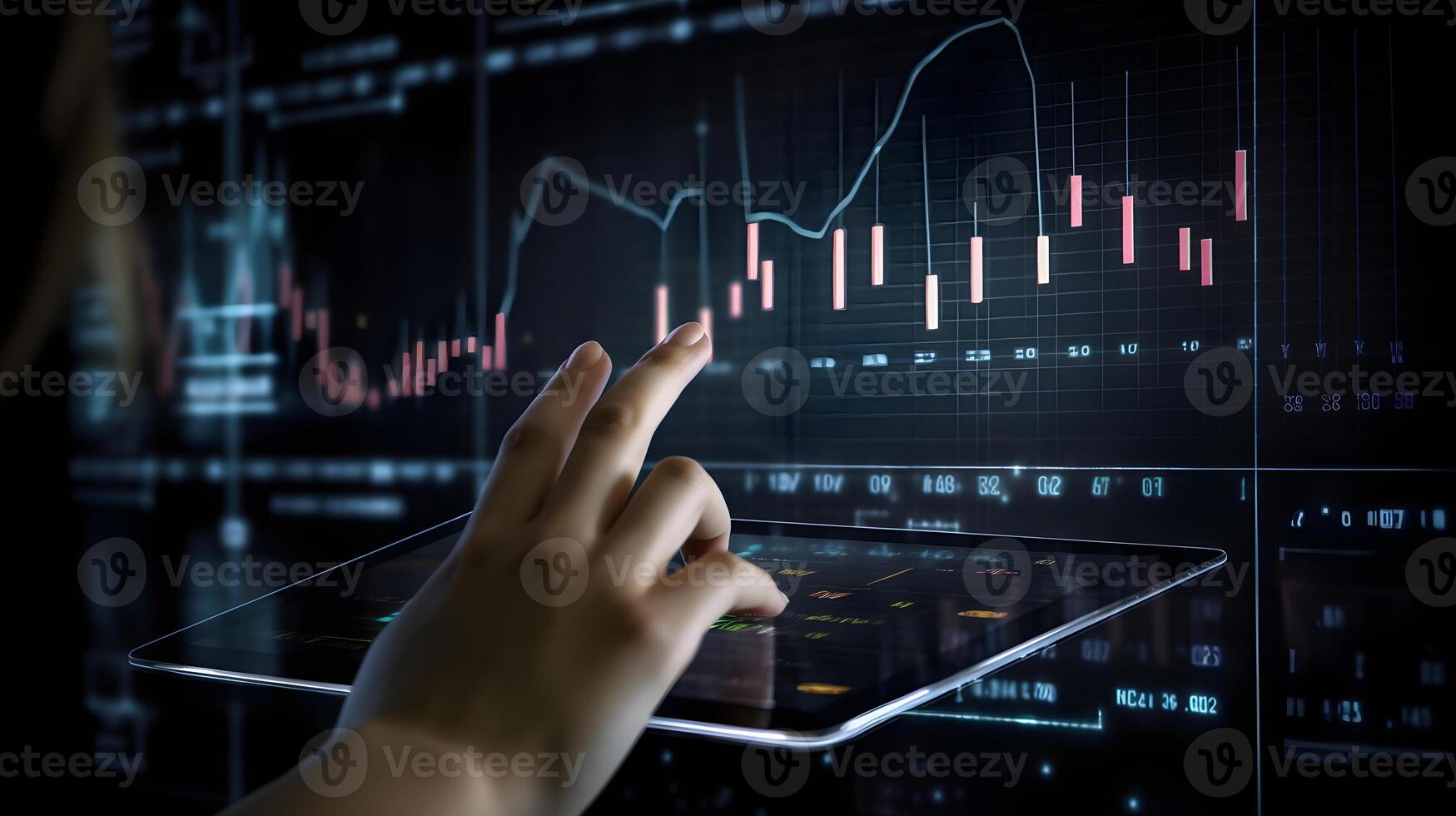 illustration av en finger pekande på en hologram skärm av finansiell statistik, generativ ai foto