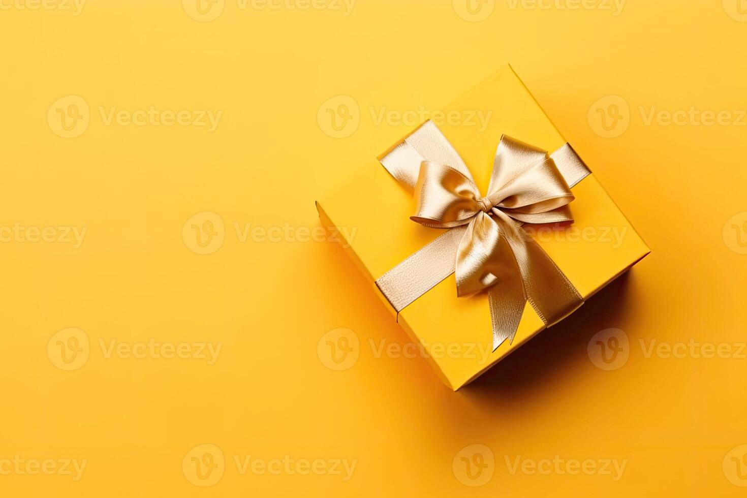gåva låda med gyllene satin band och rosett på gul bakgrund. generativ ai foto